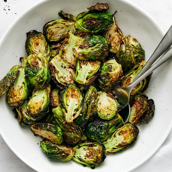 Air fryer Brussels sprouts in a bowl