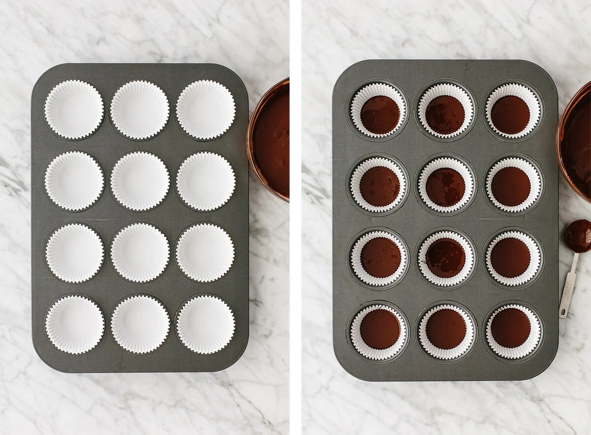 Muffin tins being filled with chocolate for almond butter cups.