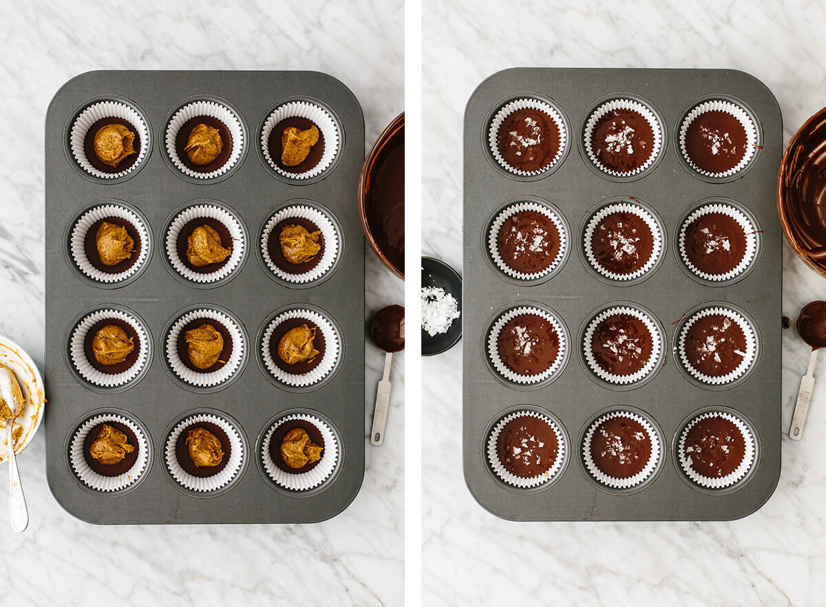 Almond butter being added to almond butter cups in muffin tins.