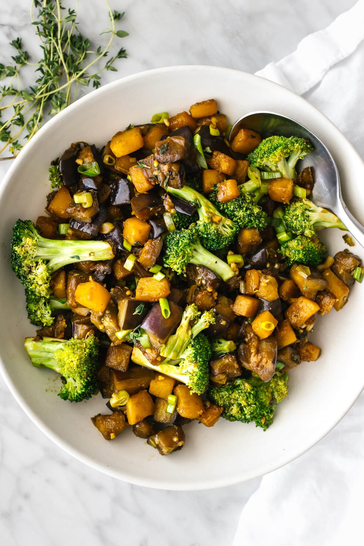 A bowl of butternut squash and eggplant stir fry