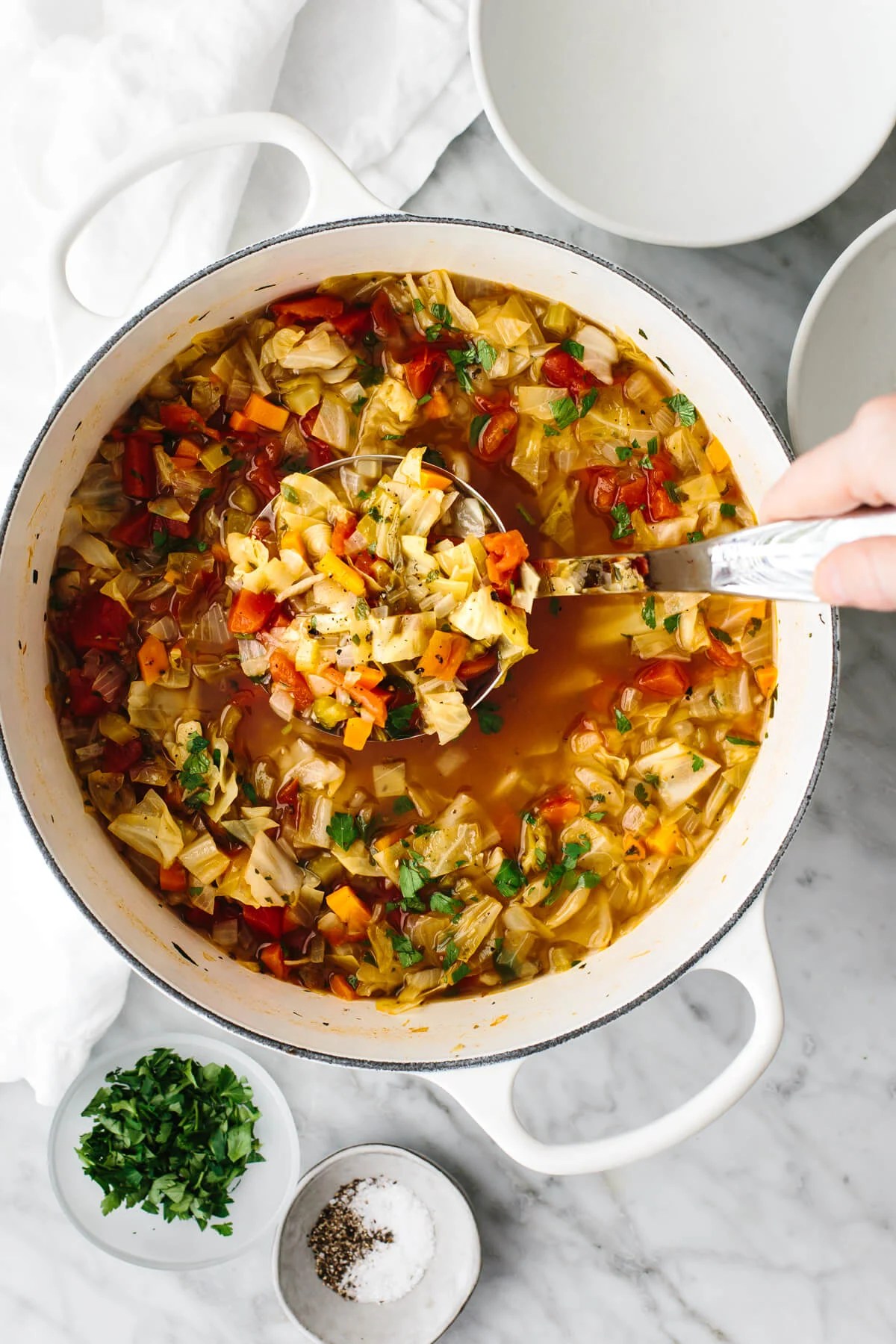 A pot of cabbage soup with a ladle.