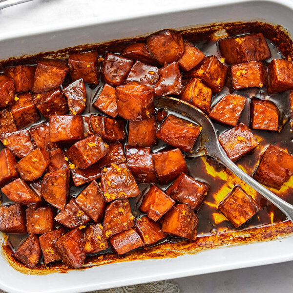 A casserole dish of candied yams.