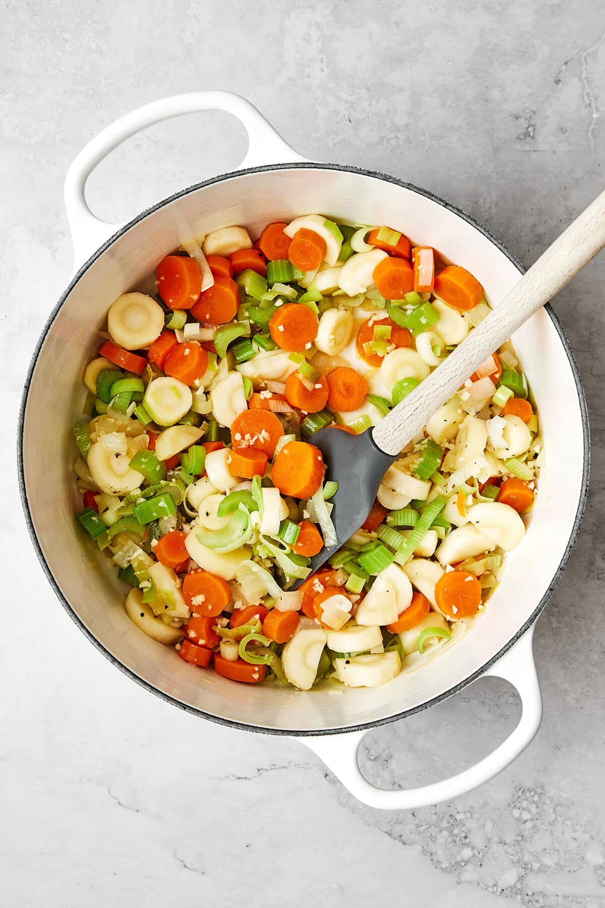 Cooked vegetables in a pot.