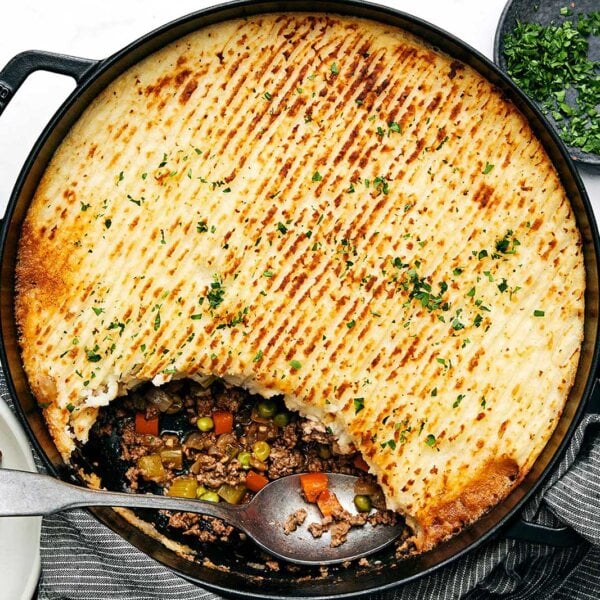 A large skillet of cottage pie.