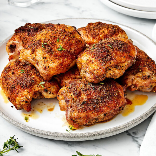 A plate of baked chicken thighs.