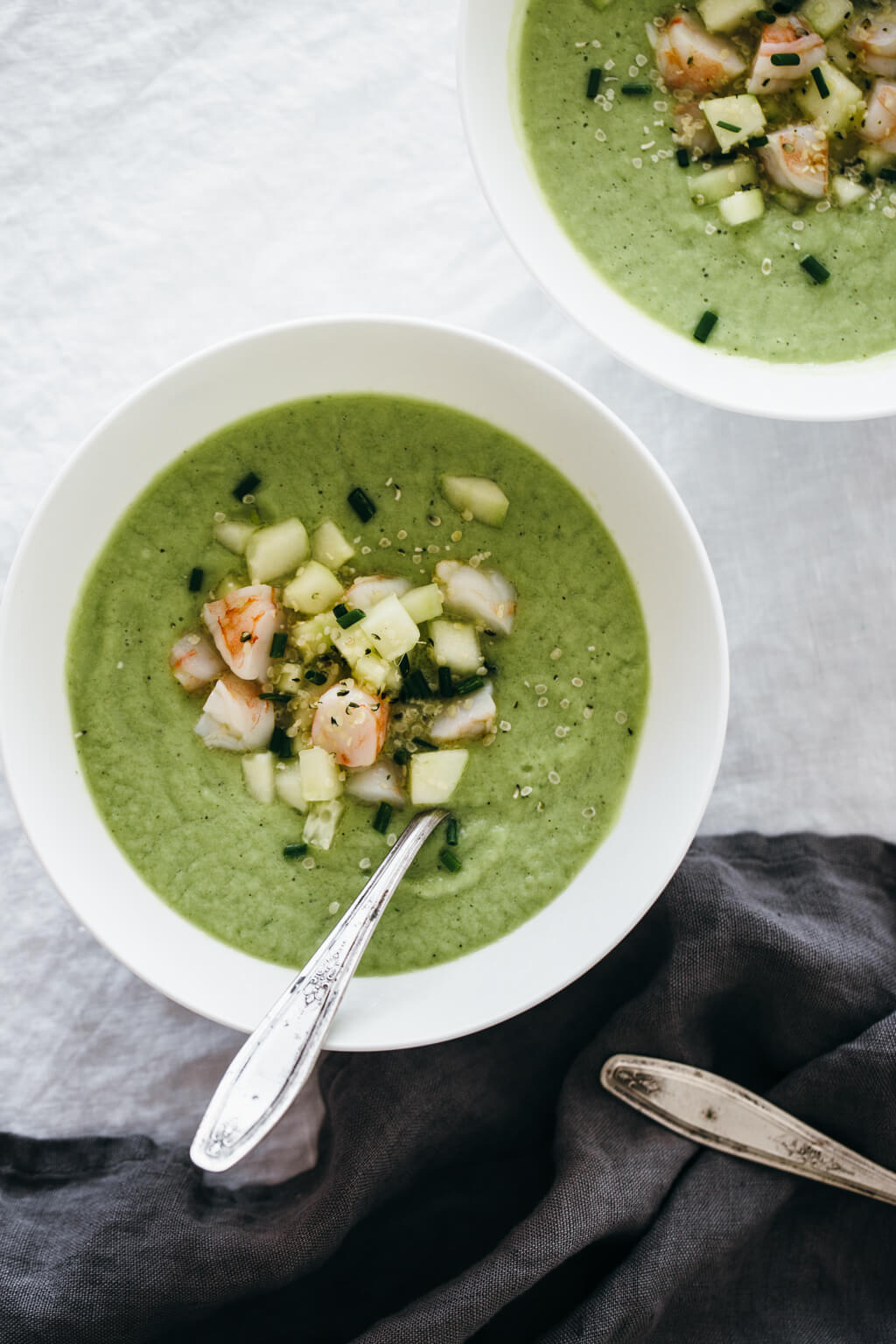 (gluten-free, paleo) Cucumber melon gazpacho with ginger shrimp. A cooling and delicious gazpacho, perfect for summer!