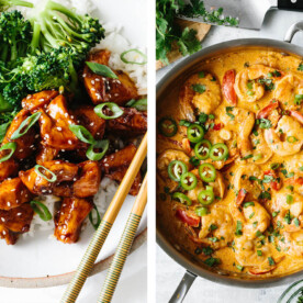 Chipotle shrimp next to teriyaki chicken for easy dinner ideas.