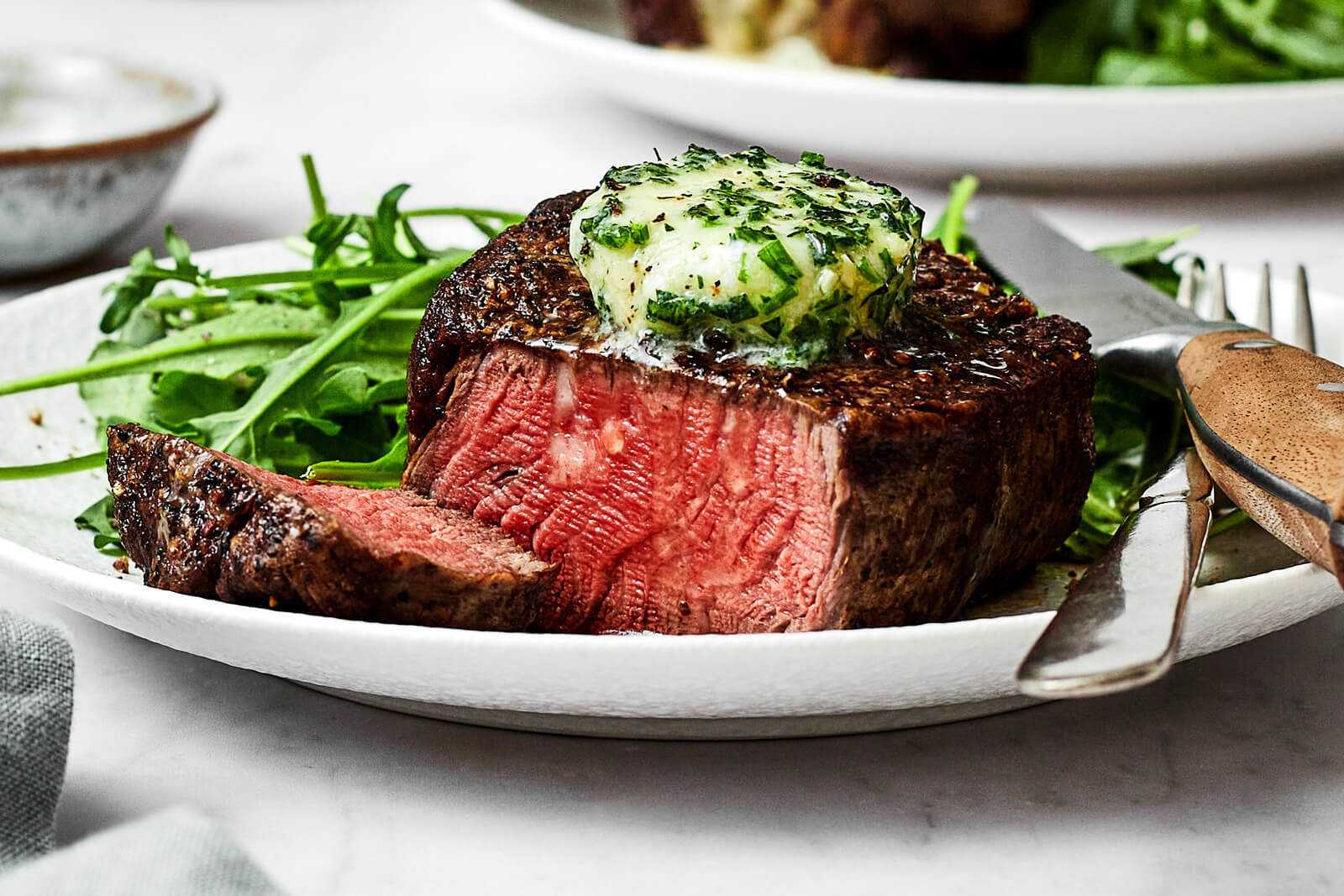 Sliced filet mignon steak on a plate