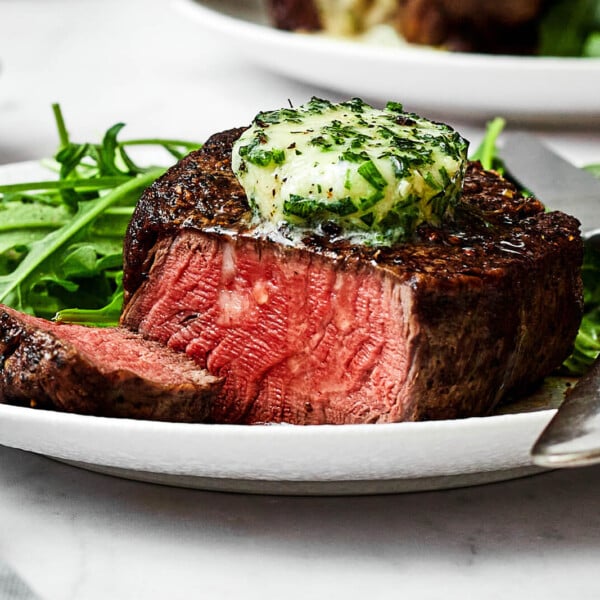 Sliced filet mignon steak on a plate