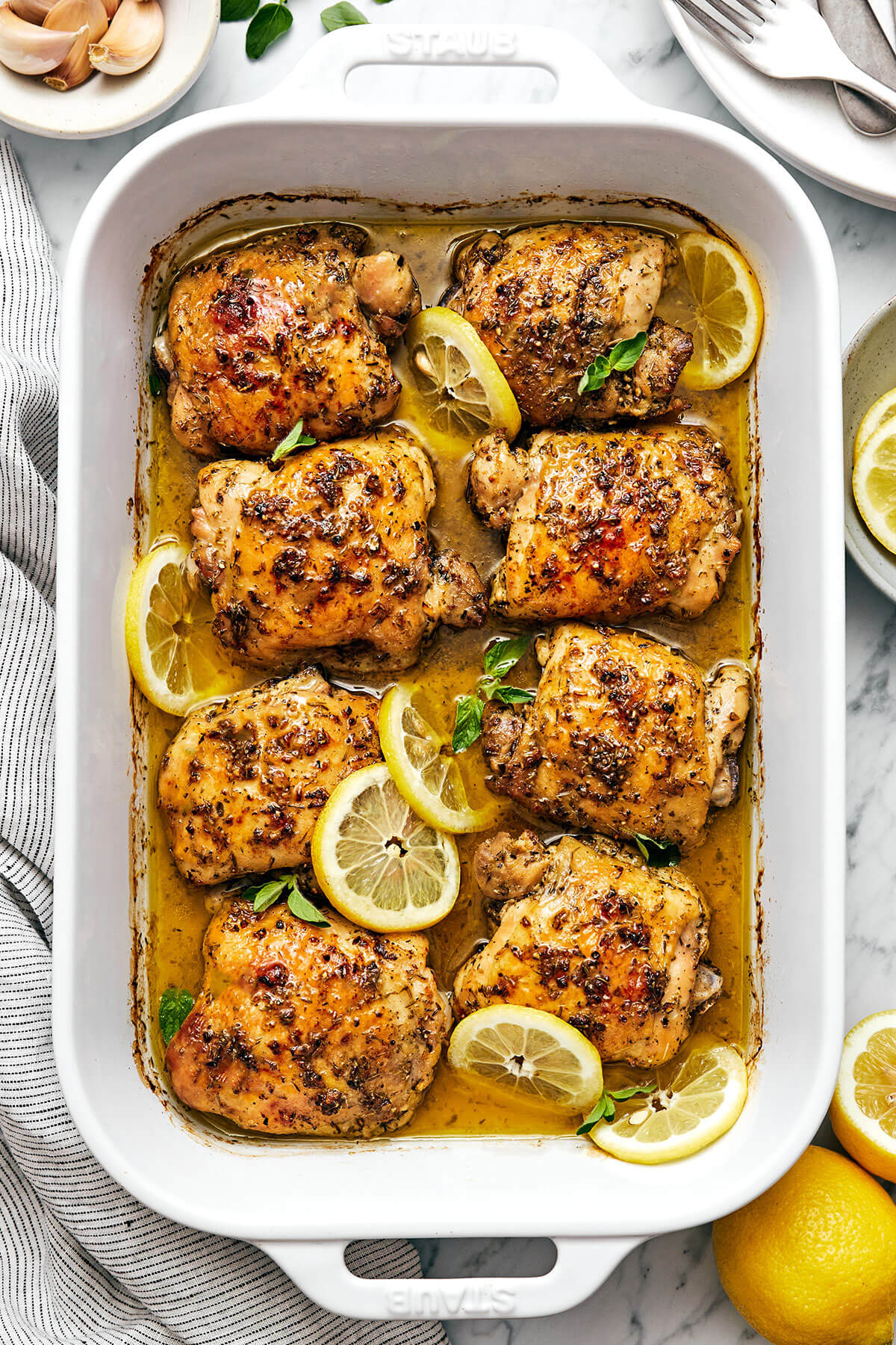 Greek lemon chicken in a baking dish