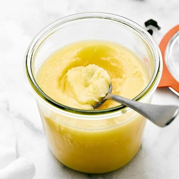 A glass jar of homemade ghee.