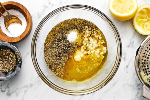 A bowl of Greek lemon chicken marinade