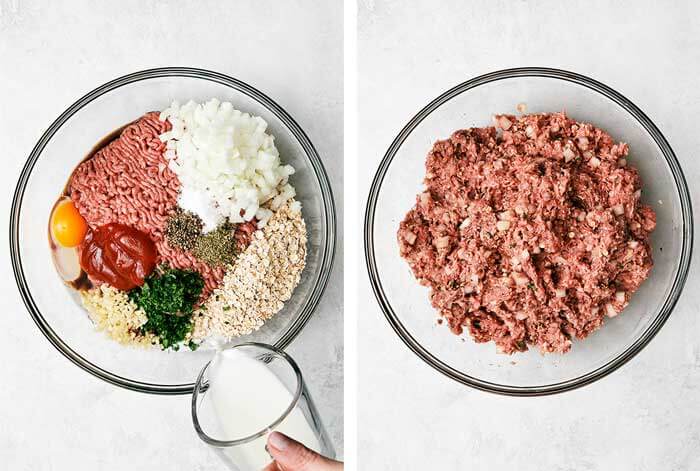 Mixing ingredients for meatloaf.