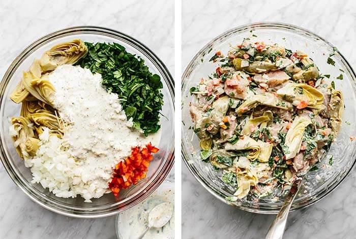 Mixing spinach artichoke chicken in a bowl