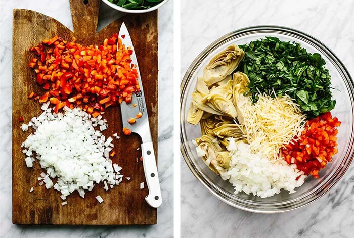 Diced up veggies and artichokes in a bowl