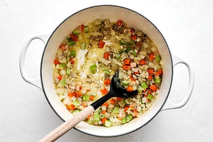 Cooked vegetables in a pot.