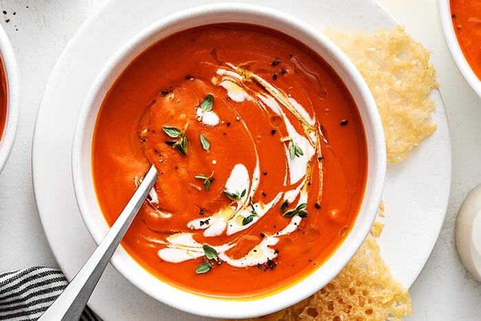 Creamy tomato soup in a bowl.