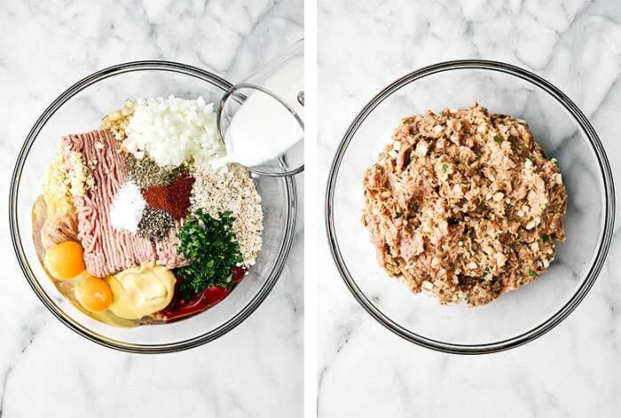 Mixing ground turkey meatloaf in a bowl.