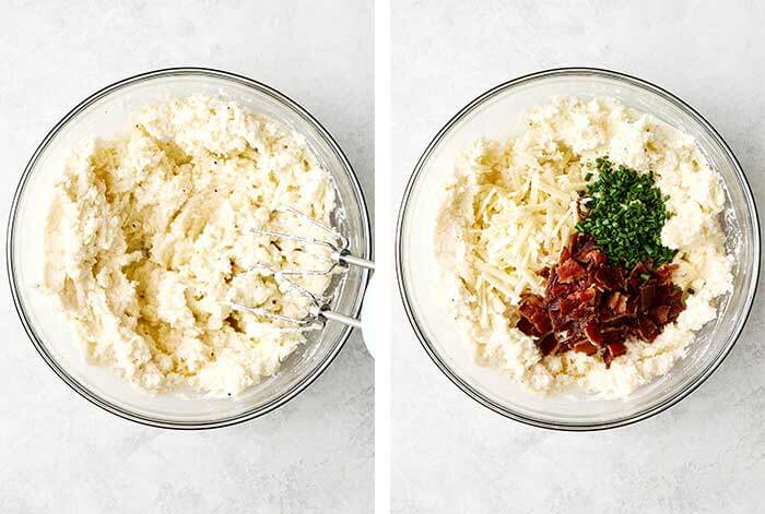 Mashed potato filling in a bowl.