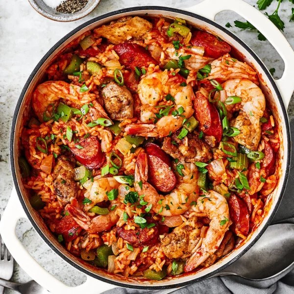 A white pot of jambalaya