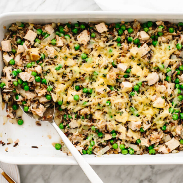 A large pan with turkey casserole on a table.