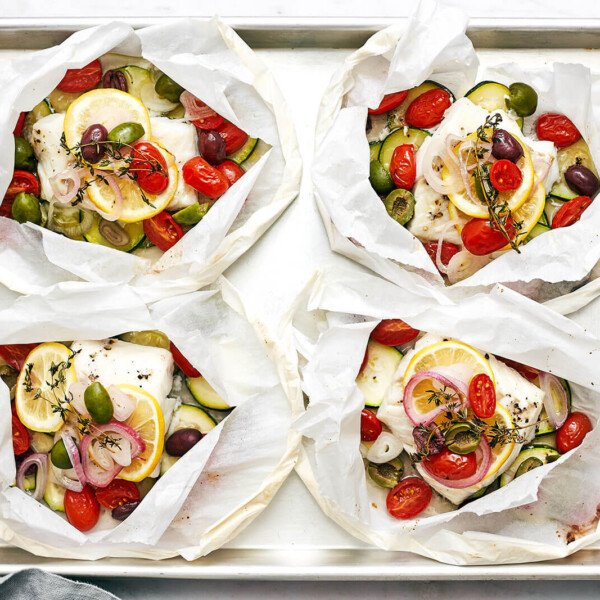 Mediterranean cod en papillotes on a sheet pan