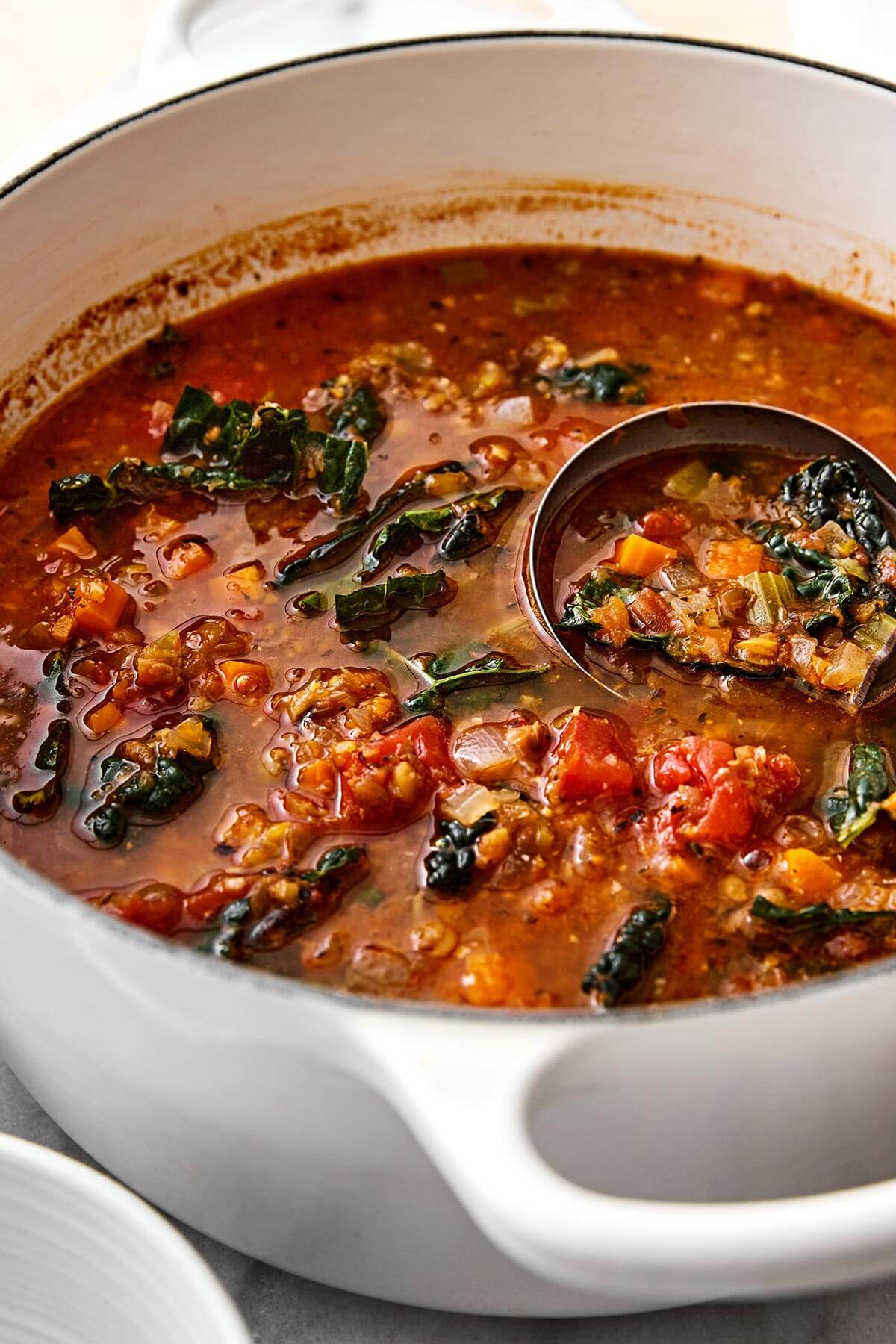 A pot of Mediterranean lentil soup.