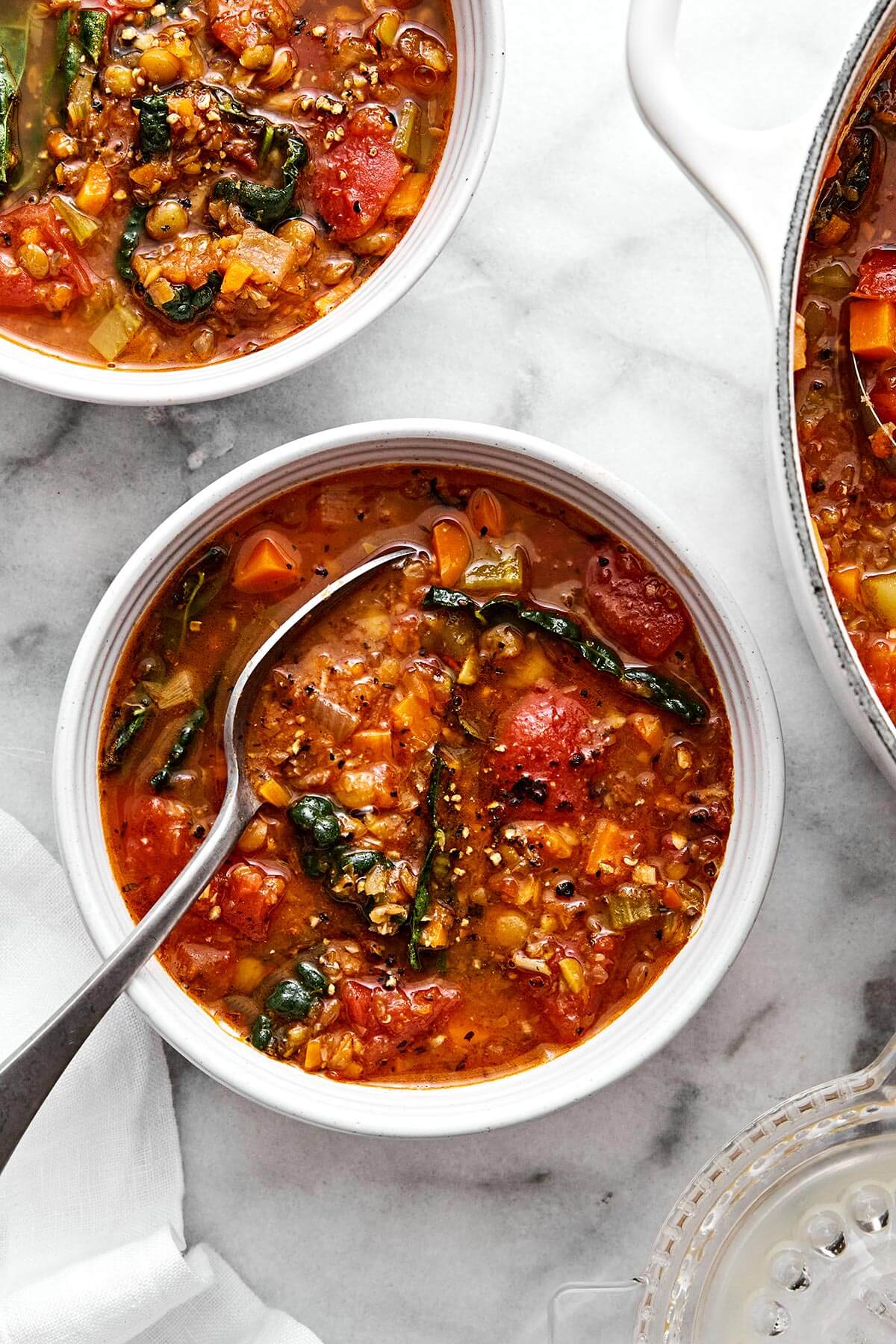 Bowls of Mediterranean lentil soup.