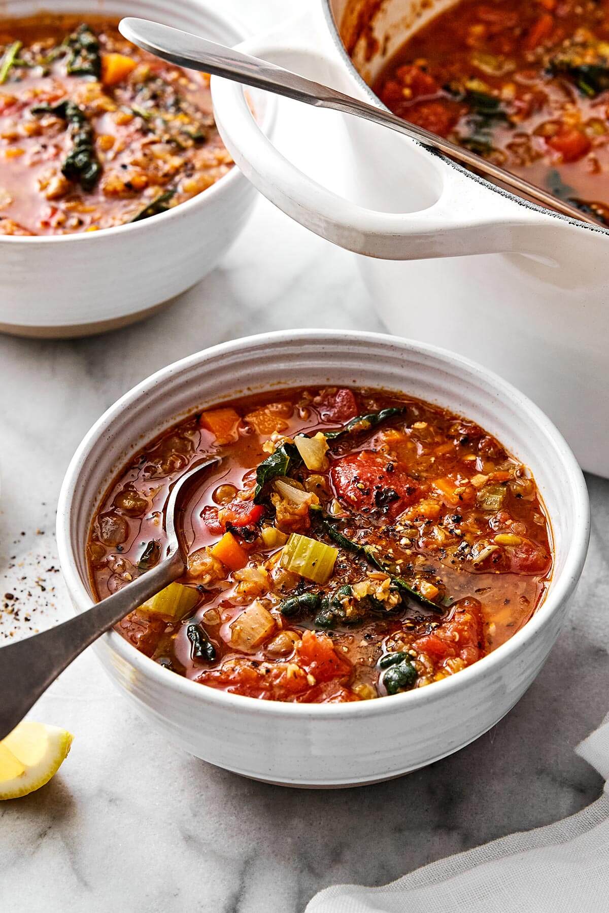 Bowls of Mediterranean lentil soup.