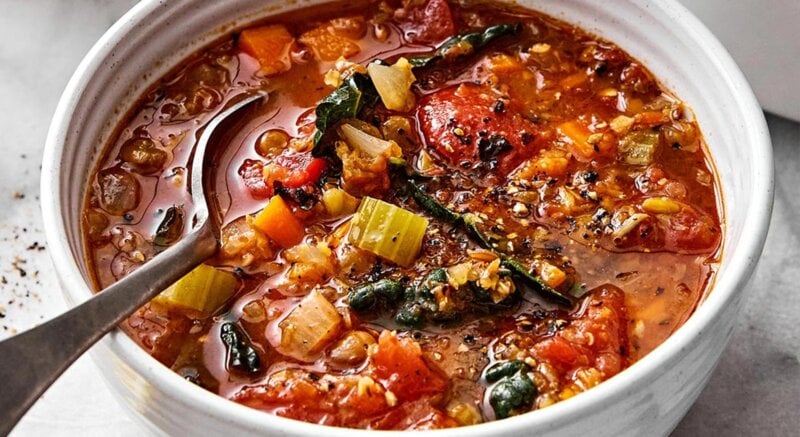 A bowl of Mediterranean lentil soup.