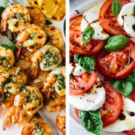 Mediterranean recipes with grilled shrimp and caprese salad.