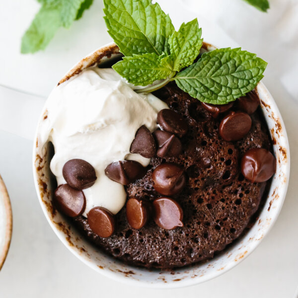 A chocolate mug cake with mint