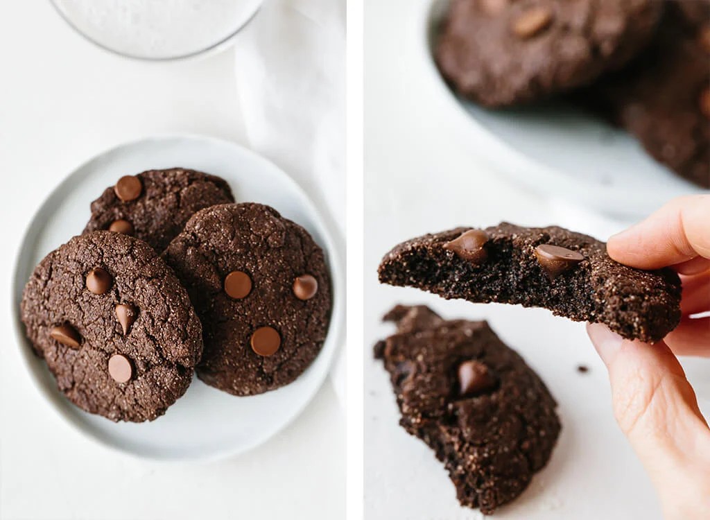 These gluten-free, paleo-friendly mint double chocolate cookies are rich, decadent and highly addictive. They're firm on the outside and lusciously soft on the inside.