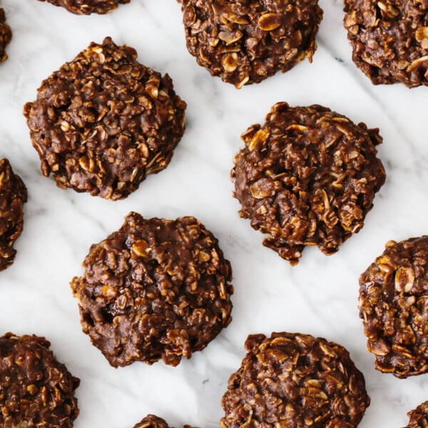 No bake cookies on a marble counter top.