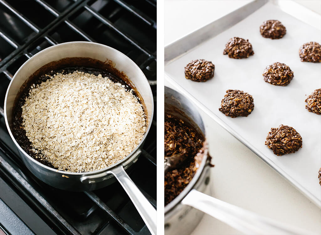 Making no bake cookies on the stove and dolloping them onto parchment paper.