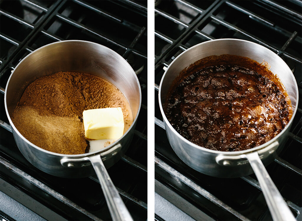 No bake cookie ingredients in a saucepan on the stove.