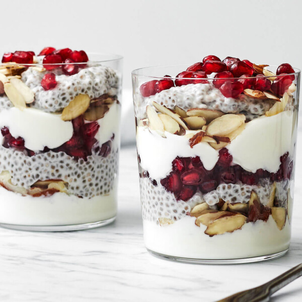 Pomegranate chia pudding parfaits in glasses