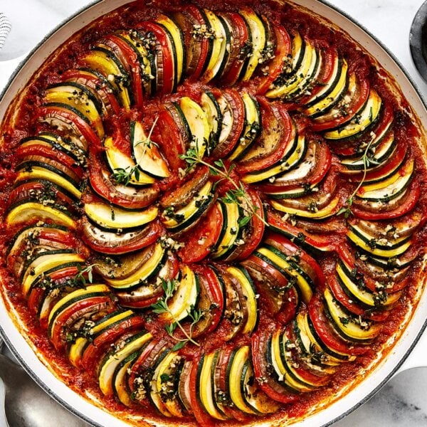 Baked ratatouille in a pan.