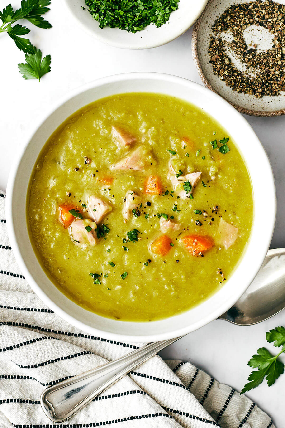 A bowl of split pea soup