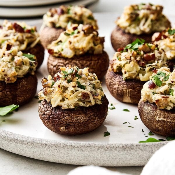 A plate of pecan stuffed mushrooms.