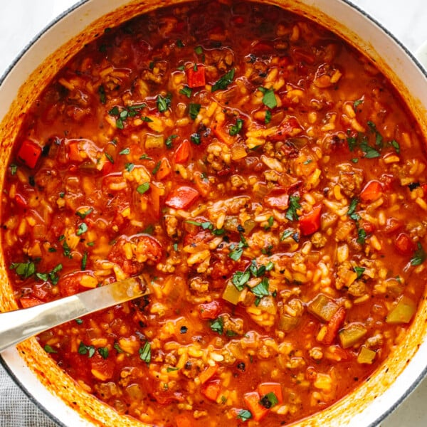 A big white pot of stuffed pepper soup