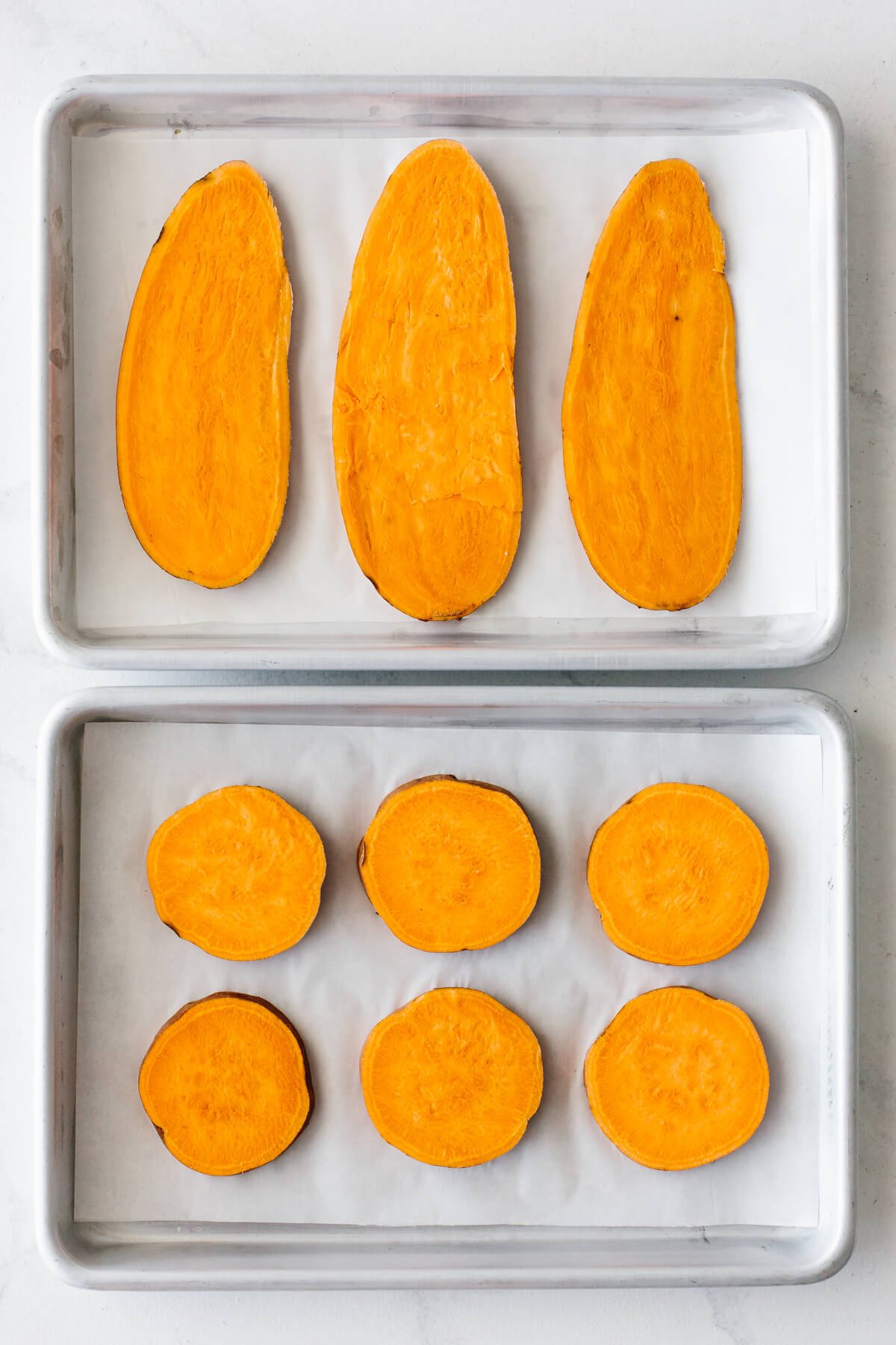 Sweet potato toast on a baking sheet.