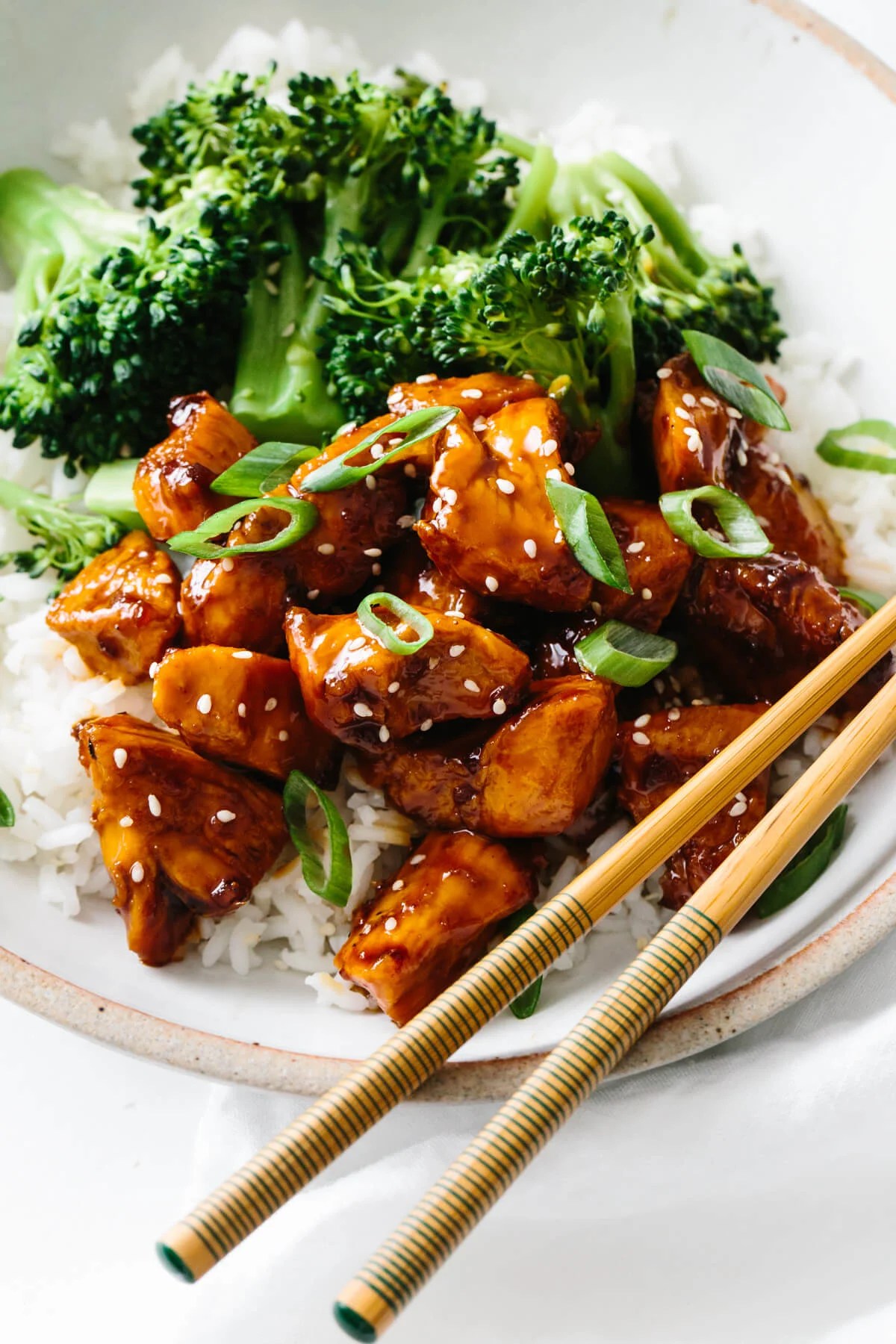 Teriyaki chicken recipe served with rice and broccoli.