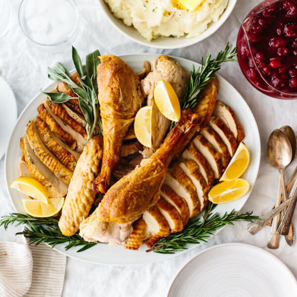 Roasted turkey on a plate for Thanksgiving game plan.