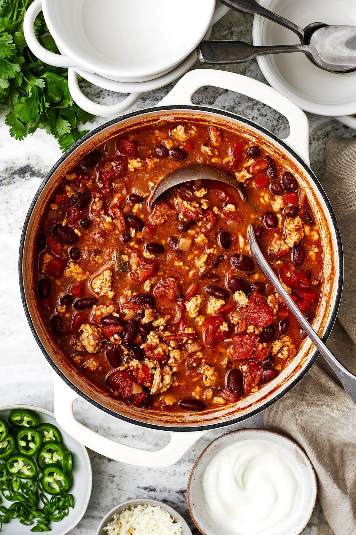 A large pot of turkey chili