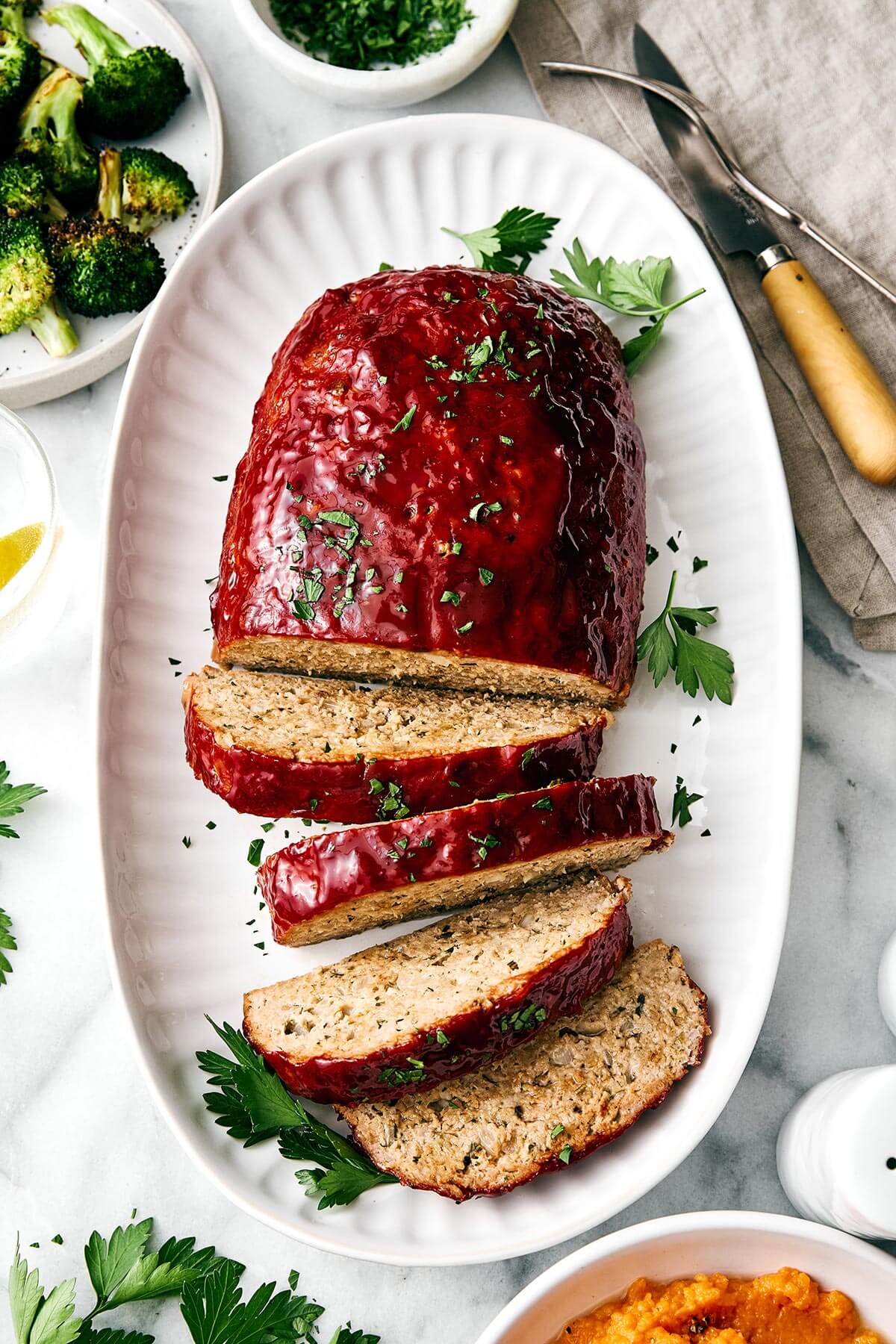 A platter with turkey meatloaf.