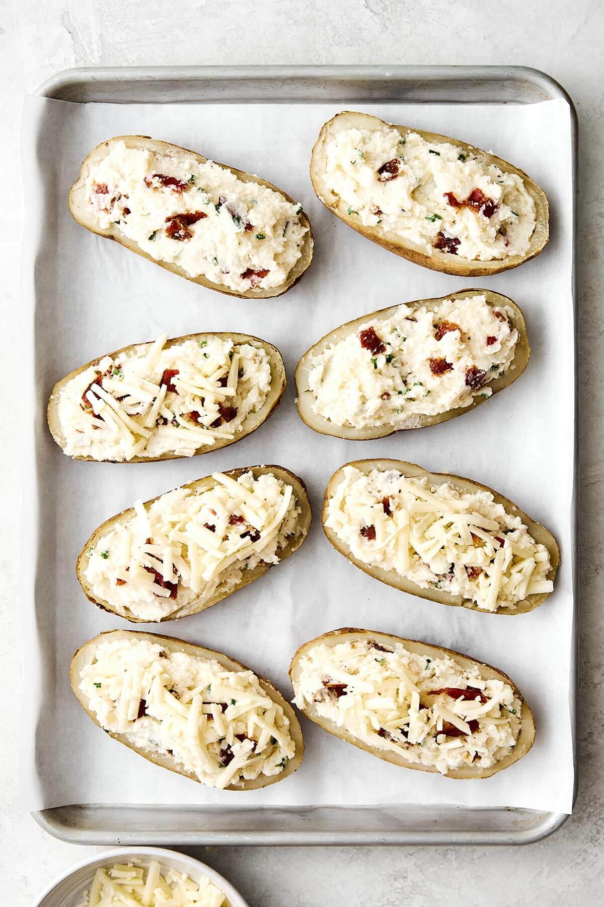 Twice baked potatoes before baking.