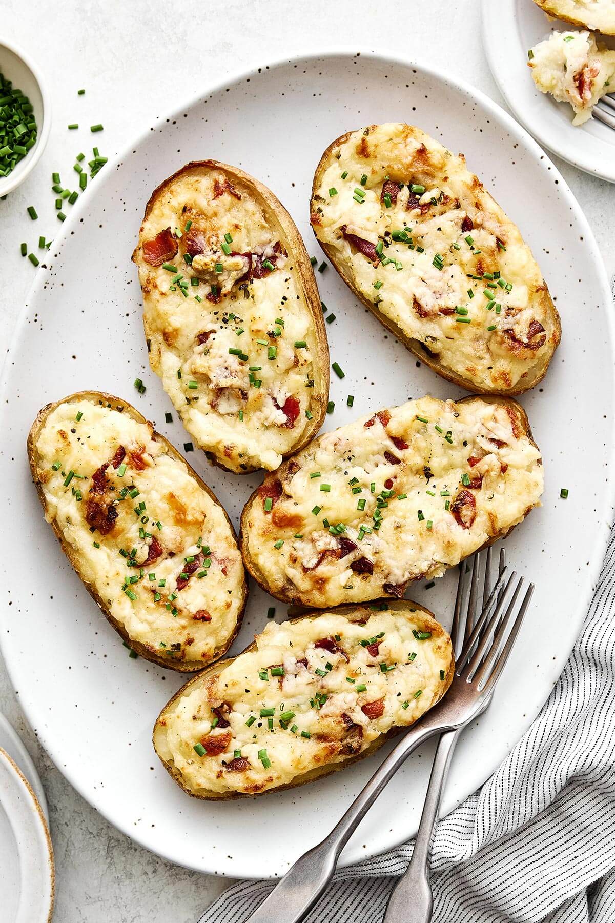 A platter of twice baked potatoes.