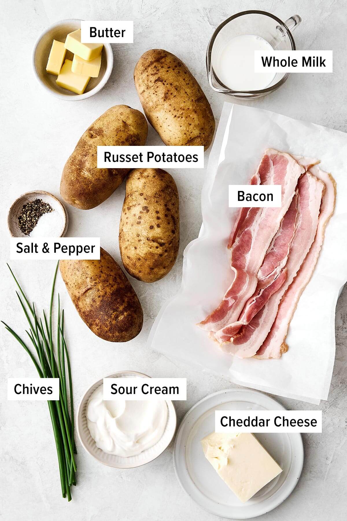 Ingredients for twice baked potatoes.