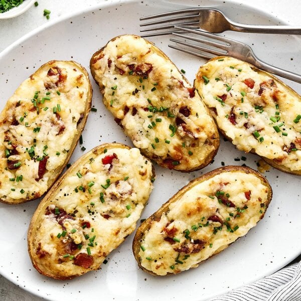 Twice baked potatoes on a platter.